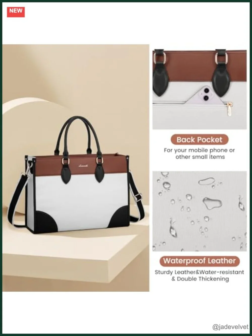 Water-Resistant PU Leather Laptop Tote Bag for Work, 15.6 Inch